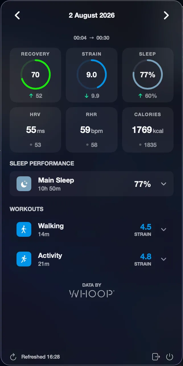 The same Aura panel in dark mode, showing identical Recovery, Strain and Sleep rings against a dark background.