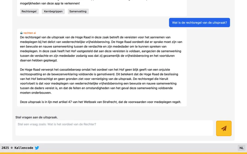 Rechten.app interface showing ECLI search and AI chat